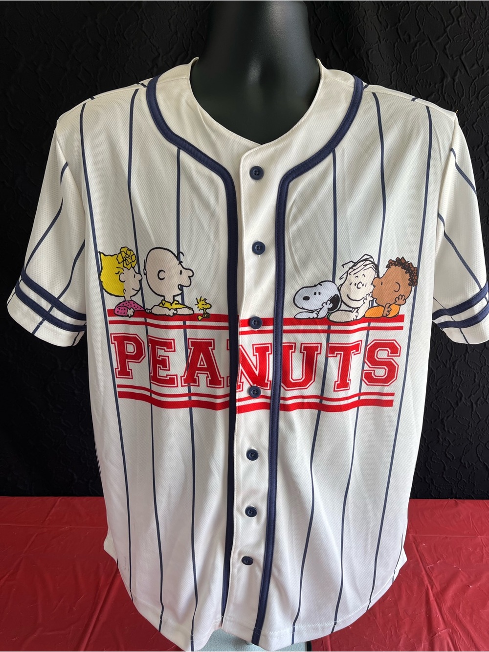Peanuts Snoopy Charlie Brown Baseball Jersey Shirt Men’s Large White Pinstripe